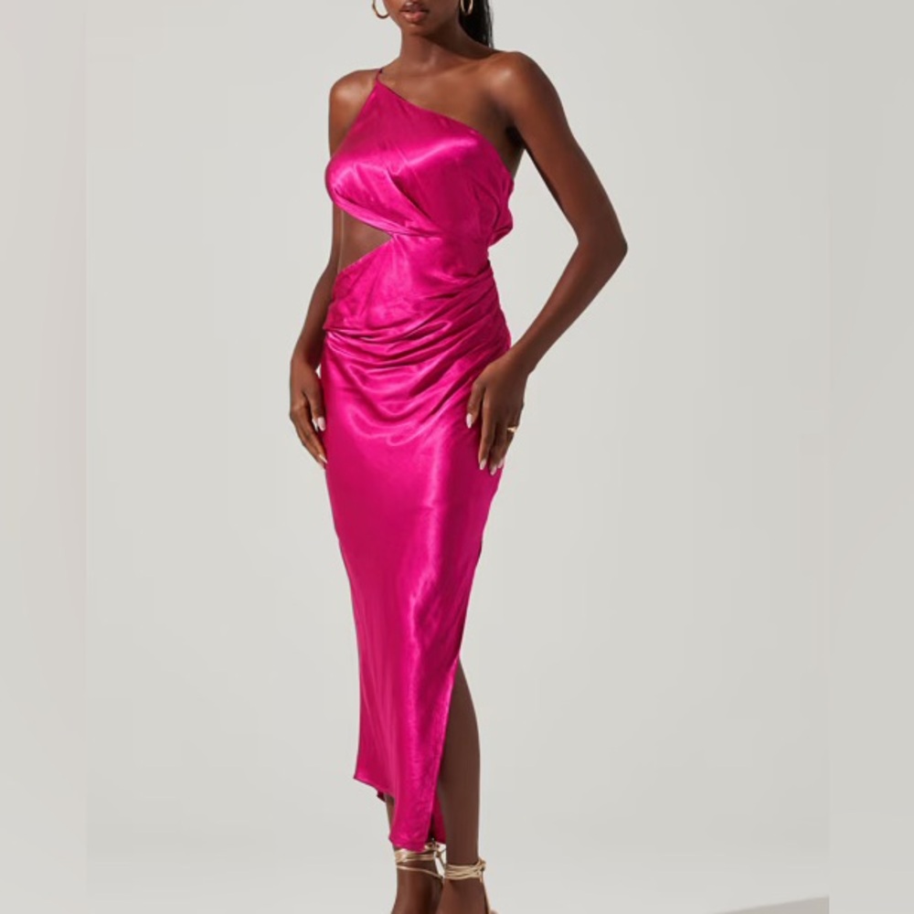 Astr Martina Satin Side Cutout One Shoulder Midi Dress S